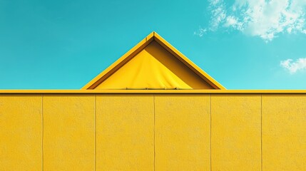 Bright yellow building facade with geometric triangular roof against blue sky and white clouds, modern architecture urban design exterior detail