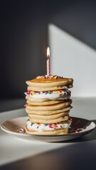 Colorful pancake stack with sprinkles and lit birthday candle on top