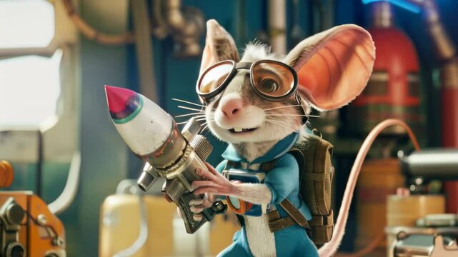 Inventive mouse with rocket blaster ready for adventure in a high-tech lab.