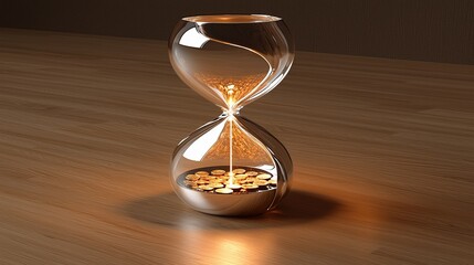 Elegant, glowing hourglass on wooden surface
