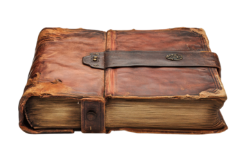 Ancient leather bound book aged pages historical artifact worn leather cover rich brown tones