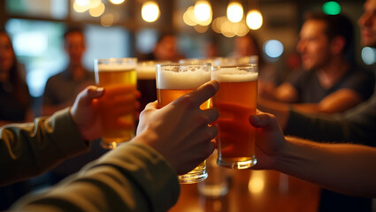 Celebratory Toast: Dynamic Action Shot of Diverse Beer Styles Held by Cheers Hands Above Bar Counter with Blurred Crowd - Perfect for Community Events