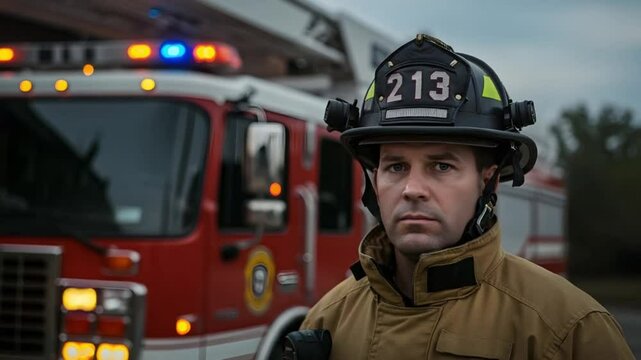 Firefighter Near Firetruck in Uniform