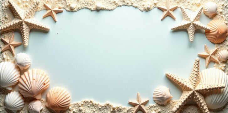Delicate seashell & starfish border on textured paper , summer, coastal, border