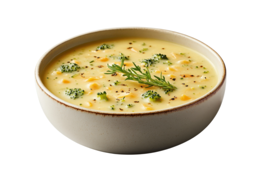 Creamy Broccoli Cheddar Soup Bowl Delicious Food Photography Studio Shot Warm Meal Lunch Recipe on transparent background