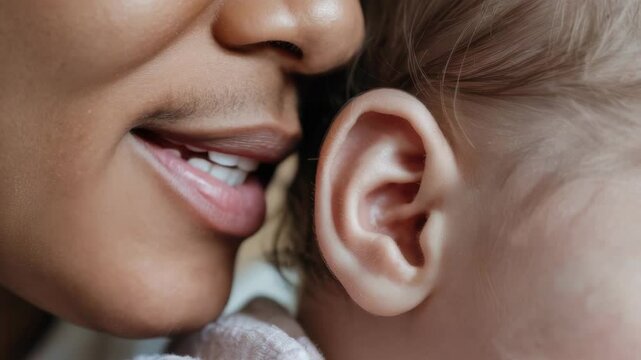 Close up of whisper into child ear capturing intimate communication, listening, face and skin in warm housing development setting