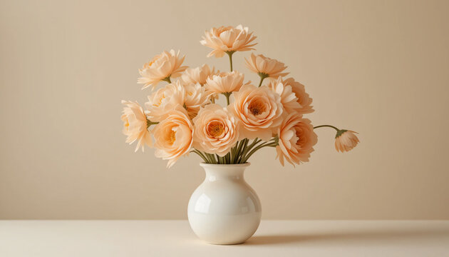Peach floral arrangement in white vase, flower bouquet, elegant home decor art