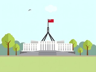 Australian Parliament House building flat illustration with flag and trees in Canberra landscape