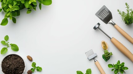 Gardening tools and herbs on a clean surface, perfect for planting enthusiasts.