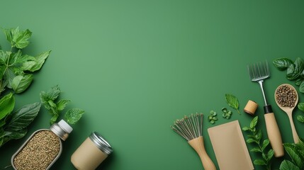 Herb garden essentials with fresh mint and gardening tools on green backdrop.