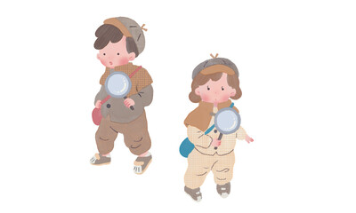 探偵服姿の男の子と女の子のイラスト