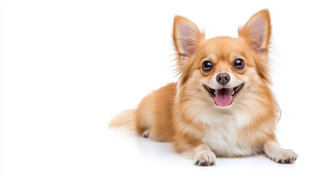 An adorable longhaired light brown Chihuahua puppy lies down on a white background smiling happily showing its tongue with big expressive eyes.