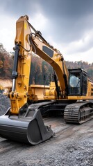 Heavy excavator digs into dirt at a construction site, surrounded by mountains and looming dark clouds overhead