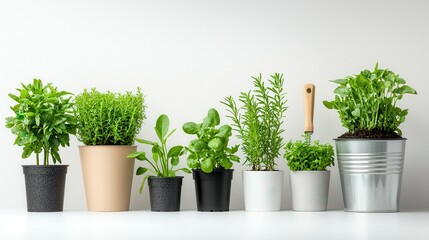 Obraz premium A vibrant display of various herbs in stylish pots on a minimalist shelf.