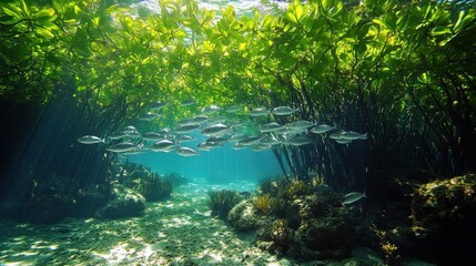 Underwater view of fish among mangrove roots in sunlit marine habitat