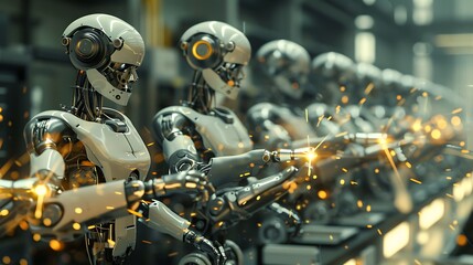 Advanced robotic arms work collaboratively in a futuristic factory setting