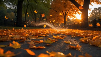 Autumn leaves falling on pathway in a park during fall season