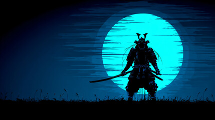 月夜に佇む侍のシルエット