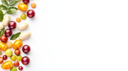 Obraz premium Colorful vitamin supplements and fresh berries arranged artistically on a white background providing ample copy space for health or wellness related text and ing.