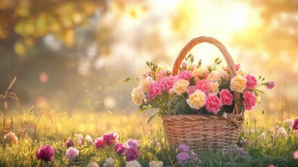 Natural woven basket filled with muted carnations under golden sunlight