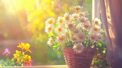 Morning light filtering over a basket of daisies on a kitchen windowsill