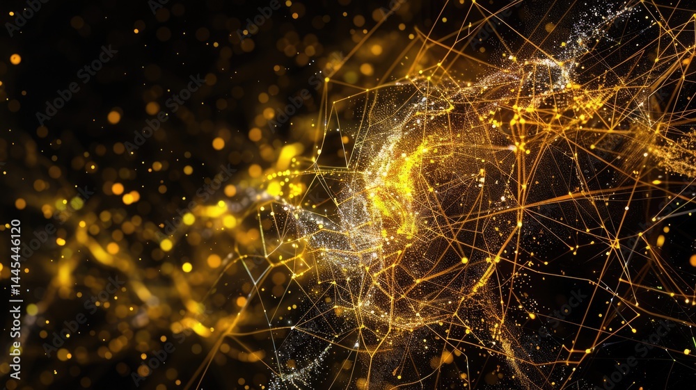Poster abstract picture of golden particle with sparkle atom style design connect and flow show energy dyna