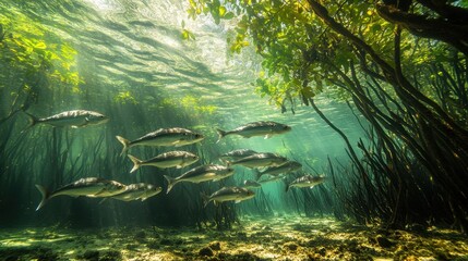 Sunlit mangrove ecosystem with school of fish swimming underwater