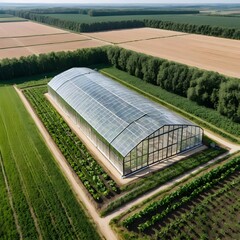 Aerial View of Modern Greenhouse in Agricultural Field