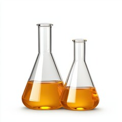 Two clear glass Erlenmeyer flasks containing a translucent golden yellow liquid sit on a pristine white background ideal for scientific or chemistry related projects and