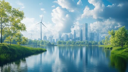 Sustainable urban landscape with wind turbines and reflective lake under cloudy sky