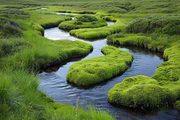 Enchanting beauty of sphagnum bog, floating gracefully, showcases stunning peat moss patterns, winding streams, and harmonious balance of beautiful one-of-a-kind ecosystem  