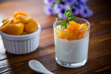 Diet breakfast with milk yogurt and dried apricots