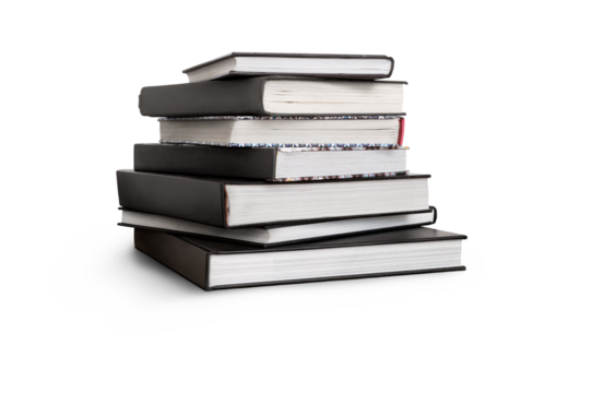 A front side on view of a pile of seven study books, textbooks, on a table isolated against a transparent background
