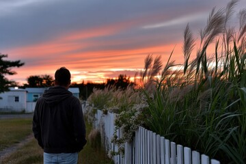 Fototapeta premium A serene silhouette of an individual standing by a white fence, gazing at a colorful sunset, symbolizing reflection, tranquility, and the beauty of nature at dusk.