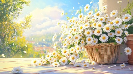 White daisies spilling out of a straw basket on a sunlit patio