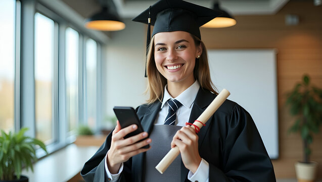 Smiling fresh graduate holding diploma and smartphone applying for first job in bright coworking space with laptop open on job portal. in  Photo Stock  Concept  and empty space on the left side