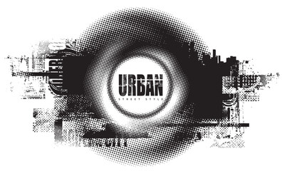 Abstract vector banner on the theme of urbanism, street art, digital technology and photo studios against the background of the architecture of a city, pixels. T-shirt design, poster. No AI used