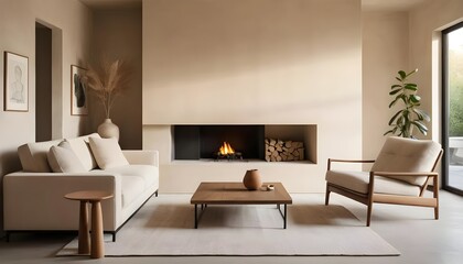 Fototapeta premium Minimalist Living Room Interior with Beige Sofa and Fireplace