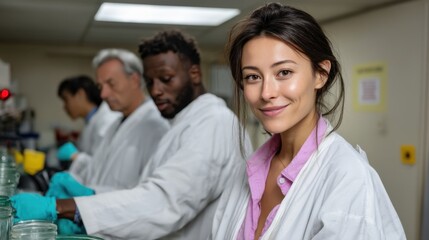 Fototapeta premium Diverse group of scientists working together in a laboratory, focusing on sample analysis and research