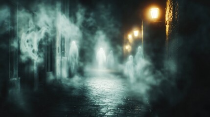 Fototapeta premium Spectral Stroll: Eerie Night in a Foggy Alley
