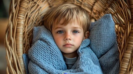 Young caucasian child in blue knit blanket resting in wicker chair