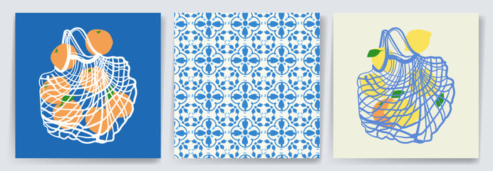 Summer set. Vector illustration of posters or cards with the image of blue Italian Mediterranean tile, lemons and oranges in shopping mesh bag