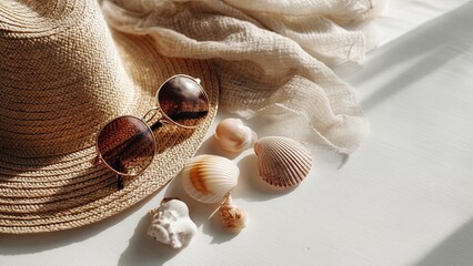 Summer Hat and Sunglasses with Seashells on Table

