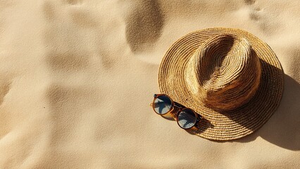 Straw Hat and Sunglasses on Sunny Beach Sand
