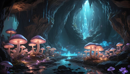 Naklejka premium Magical Enchanted Cave with Bioluminescent Mushrooms and Glowing Crystals