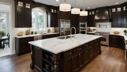 Luxury Modern Kitchen with Dark Cabinets and Marble Island
