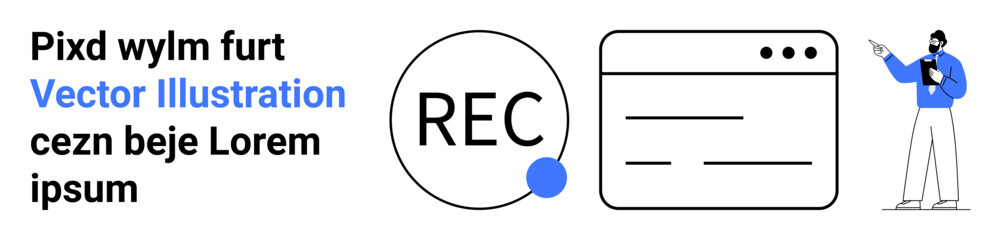 Circular recording badge, browser interface with lines, and a presenter holding a tablet. Ideal for technology, media, entrepreneurship, education, presentation, communication simple landing page