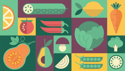 Vegetables fruits diet healthy food vegetarian background vector geometric menu poster icon set logo