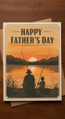 Vintage Father's Day greeting card with silhouette of father son fishing together during sunset by lake with copy space. Concept of paternal bonding, outdoor recreation and family tradition