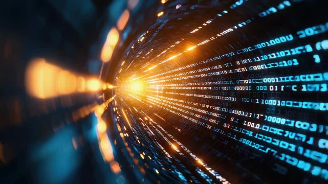Abstract view of digital data streams with glowing light effects and binary code.